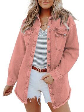 Women's Pink Button Down Oversized Distressed Boyfriend Jean Jacket Fall Outfit